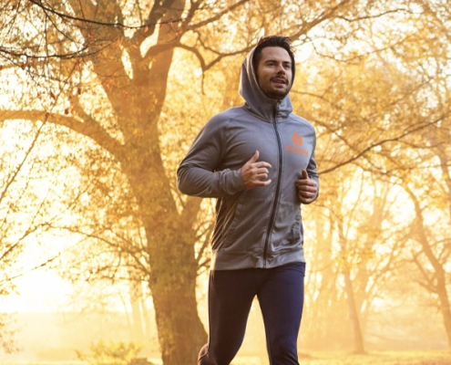 Runner wearing Sherpa sweatshirt during athlete performance training in Westport, CT.