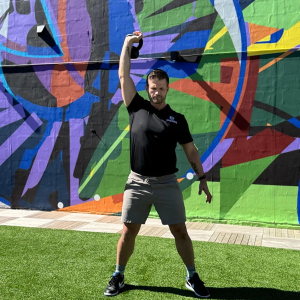 Luke Yoder demonstrates a kettlebell deadlift to improve lower body strength and stability for golfers.