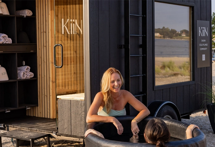 Kiin Sauna mobile wood-burning sauna and cold plunge contrast therapy experience in Fairfield, Connecticut.